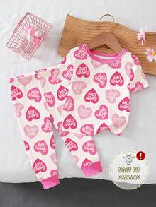 一套女婴爱心字母印花紧身针织短袖上衣和印花长裤睡衣，春夏款 - 粉色 - 查看 3