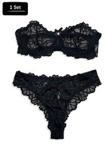 女士蕾丝拼接钢圈文胸和内裤性感内衣套装 - 黑色 - 查看 7