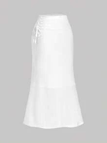 SHEIN MOD Petite Women's White Elegant Mermaid Skirt,Autumn Tea Party Knotted Design,Petite Perfect Fit For 150-160cm,Solid Color Date Night&Outing Vintage Graduation - White - View 9