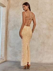 Enchnt Spring/Summer Romantic Women's Butter Yellow Jacquard Fitted Bodycon Backless Sexy Maxi Dress,Sweet&Elegant For Vacation&Date&Holiday&Going Out,Spring Outfit Women - Yellow - View 1