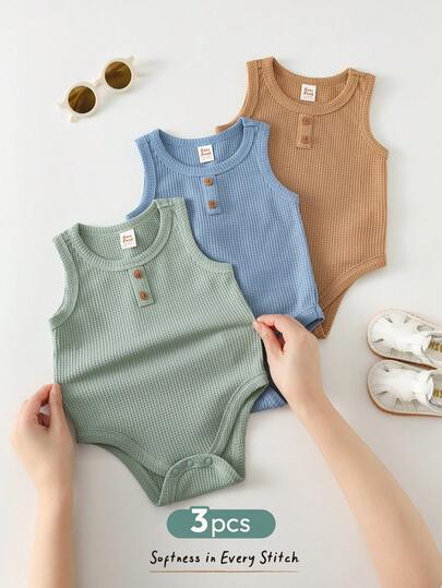 Cozy Pixies 3pcs Baby Boy Solid Color Soft Knit Crew Neck Short Sleeve Romper Set, Versatile & Comfortable