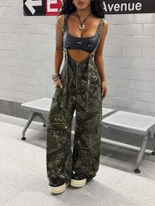 StreetHx Women's Adjustable Strap Pocketed Wide Leg Denim Jumpsuit With Branch Pattern - Multicolor - View 3