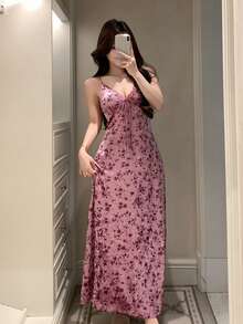 DAZY Charming Vintage Floral Pattern Velvet & Lace Patchwork Slim Fit Long Nightgown For Women - Dusty Purple - View 9