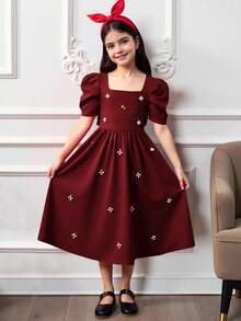 Tween Girl Elegant Pearl Embellished Square Neck Gigot Sleeve Ruffle Hem Woven Satin Dress, Suitable For Weddings, Parties, Birthdays, Gatherings, Spring/Summer - Burgundy - View 7