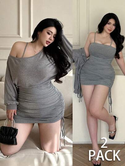 Vibekara 大码休闲斜领T恤和收腰连衣裙两件套