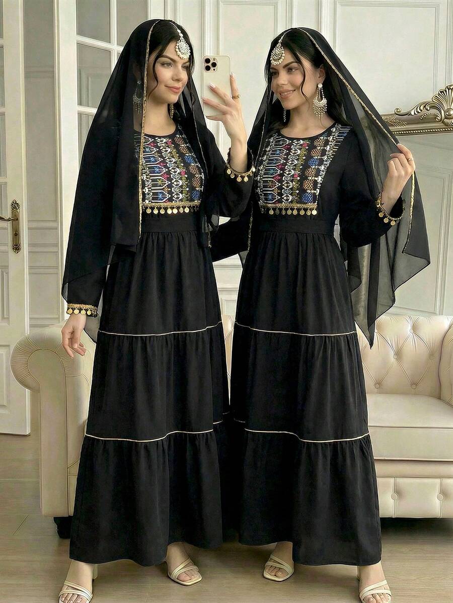 Sparklyn Rochie superbă pentru adolescente, bază neagră cu model rafinat colorat, decorată cu ciucuri vintage cu mărgele pe guler și manșete, design jucăuș cu fundă în talie pentru un aspect elegant, straturi multiple pentru o siluetă fluidă și dinamică, oferind o vibrație de înaltă calitate și un farmec unic pentru copii! Ramadan Abaya Jalabiya Îmbrăcăminte tradițională arabă. - Negru - Vizualizare 1