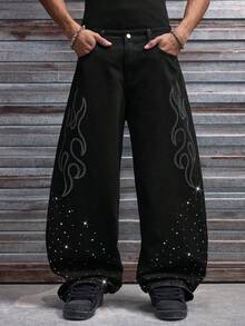 AXEPEAK Men's Washed Black Pants With Rhinestone Embellishment - Black - View 4
