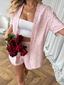 SHEIN LUNE 两件套女士休闲100%纯棉爱心印花短袖开衫和短裤套装 - 彩色 - 查看 6