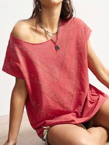 Bohemela Camiseta de mujer de cuello redondo de punto liso rojo con decoración de rhinestones y acabado lavado, ideal para el Día de San Valentín, vacaciones y verano - Naranja Coral - Ver 1