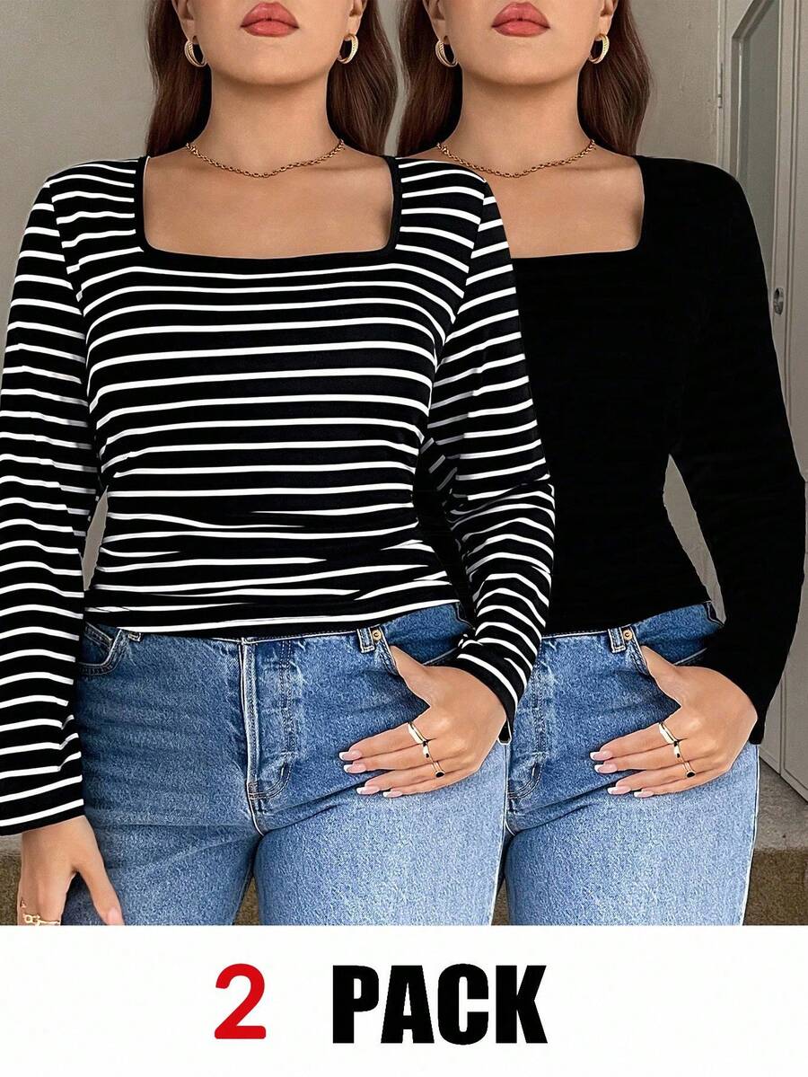 SHEIN LUNE 大码女装秋冬两件套，适合日常通勤和户外活动，简约时尚，方领黑白条纹长袖修身两件套，百搭办公装，适合日常穿着，也适合秋季日常通勤和户外活动，简约女式上衣两件套，秋冬女装