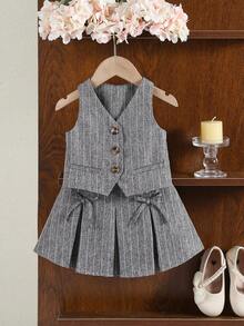 SHEIN Babygirl Cute Simple Gray Striped Tank Top & Elastic Waist Mini Skirt Set - Grey - View 1