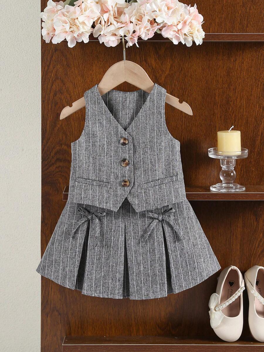 SHEIN Babygirl Cute Simple Gray Striped Tank Top & Elastic Waist Mini Skirt Set - Grey - View 1
