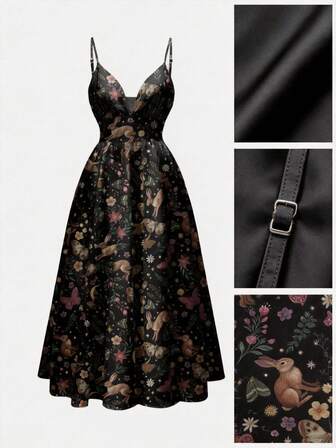 Hippie Abito primaverile da donna con scollo basso e spalline, con stampa romantica di fiori, luna, sole, stelle e farfalle, in stile bosco fatato