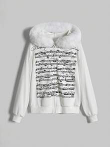 ROMWE J-Fashion Y2K Retro Sweet Innocent Sexy Swirling Music Note Print Long Sleeve Hooded Fleece Sweatshirt - White - View 1