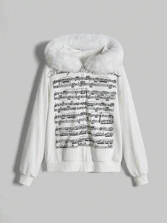 J-Fashion Y2K Retro süß unschuldig sexy Musik Noten Muster Langarm Kapuzen Fleece Sweatshirt