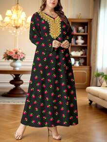 SHEIN Najma 大码女式花卉、植物和几何印花V领长袖优雅阿拉伯风格长裙，适合春秋季穿着 - 彩色 - 查看 5