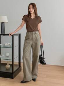 Dazy-Less Áo thun nữ cổ chữ V tay ngắn màu trơn, thường ngày, công sở, giáo viên - Cà phê nâu - Xem 4