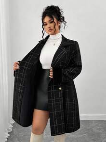 Elenzga Plus Size Women's Fashionable Retro Elegant Double-Breasted Wool Coat, Versatile For Daily Wear, Minimalist And Commuter Style - Black - View 5