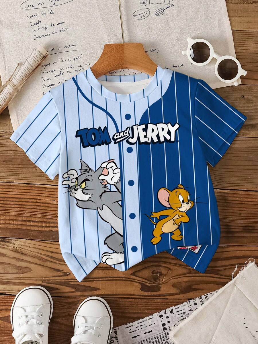 TOM & JERRY X SHEIN 男童条纹卡通图案圆领短袖T恤 - 白色 - 查看 1