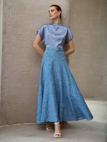 MOTF PREMIUM BLUSA DE MUJER DE MANGA CORTA TIPO MURCIÉLAGO CON CUELLO DE EMBUDO, PRIMAVERA/VERANO - Azul - Ver 3