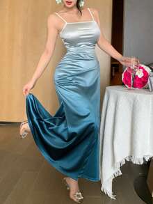 DAZY 女士优雅渐变褶皱不对称吊带连衣裙，中长款，夏季