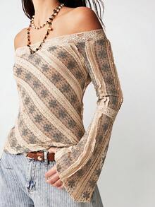 Bohemela Casual Knitted Pattern Lace Off-Shoulder Long Sleeve Slim Fit Women's T-Shirt Valentines For Women Valentine's Day Summer Elegant Spring Women Summer - Apricot - View 1