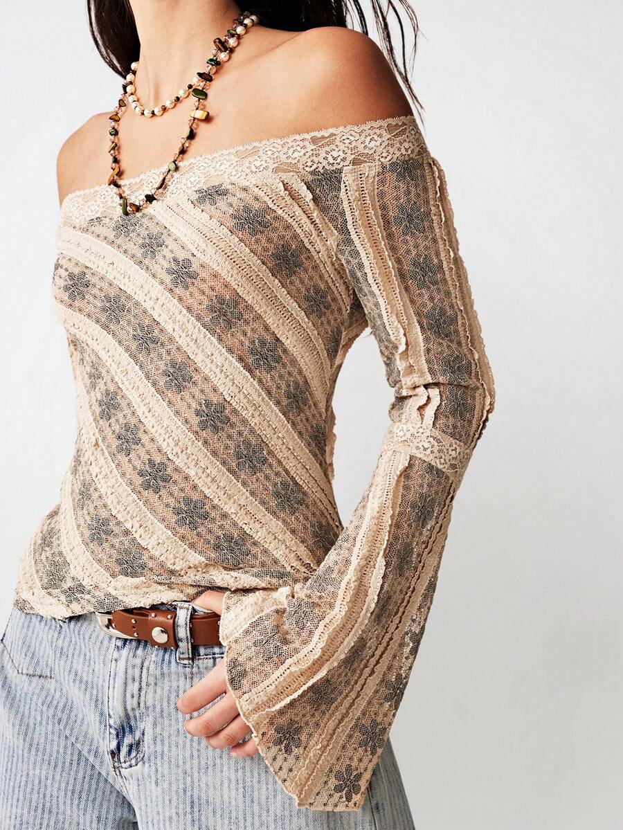 Bohemela Casual Knitted Pattern Lace Off-Shoulder Long Sleeve Slim Fit Women's T-Shirt Valentines For Women Valentine's Day Summer Elegant Spring Women Summer - Apricot - View 1