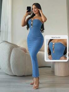 Jeanoix Y2K Sexy Hollow-Out Metal Buckle Bodycon Denim Dress - Medium Wash - View 3