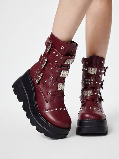 Grunge Punk 2025 New Fashion Thick Sole Punk Dark PU Leather Boots, Thin Gothic Short Boots For Women, Autumn/Winter For Christmas