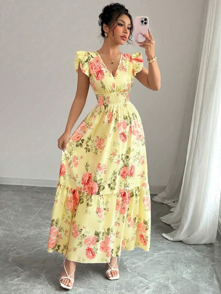 Rafferiza Đầm nghỉ mát nữ in hoa lãng mạn cổ chữ V tay ngắn - Màu vàng - Xem 1