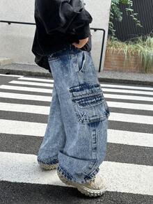 SHEIN Young Boy Baggy Denim Jeans,Street Cool Khaki Cargo Pocket Pants,Casual Versatile Kids Fall Clothes,Summer,Career Day,Back-To-School Cargo Jeans - Light Wash - View 5