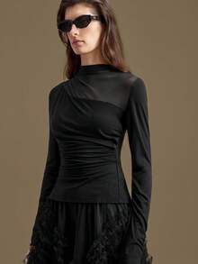 Ontre Áo thun nữ màu đen phối họa tiết 2026SS, các mảng lưới bán trong suốt, trang phục công sở thường ngày hiện đại, phong cách thanh lịch tinh tế, áo lưới dài tay chất lượng cao dành cho sân bay/du thuyền, áo lưới cho nữ, áo xuyên thấu đen, áo lưới đen xuyên thấu, thiết kế đặc biệt cho ngày Valentine, trang phục cao cấp, thanh lịch, cổ điển dành cho khách dự đám cưới. - màu đen - Xem 4