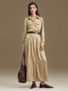 Ontre Trang phục Thu/Đông 2025, phù hợp với nhiệt độ 5-15°C, màu vàng thanh lịch, chất liệu vải phủ ngọc trai, dáng rộng, đầm dài nữ, thích hợp cho các buổi gặp gỡ hàng ngày, công sở thường ngày, đi làm, mặc hàng ngày. - Vàng - Xem 1