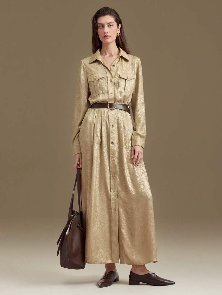 Ontre Trang phục Thu/Đông 2025, phù hợp với nhiệt độ 5-15°C, màu vàng thanh lịch, chất liệu vải phủ ngọc trai, dáng rộng, đầm dài nữ, thích hợp cho các buổi gặp gỡ hàng ngày, công sở thường ngày, đi làm, mặc hàng ngày. - Vàng - Xem 1