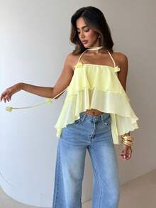 Aloruh 黄色雪纺3D立体花卉浪漫吊带背心，优雅百搭，适合度假、音乐节、派对、奶油黄、复活节、圣帕特里克节、狂欢节、商务休闲、办公室着装、外出、约会、教师、音乐会、乡村音乐会、夏季、春季、海滩、婚礼及活动等场合。 - 淡黃色 - 查看 4