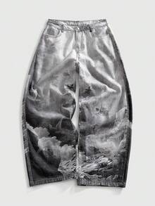 ROMWE MEN Street Life 男士数码印花中世纪图案牛仔裤 - 黑與白 - 查看 7