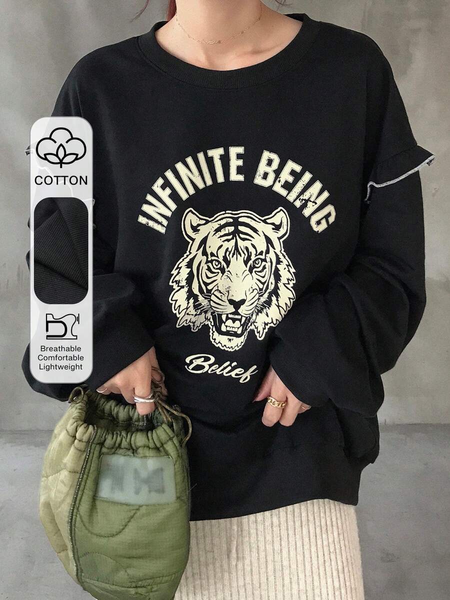 FRIFUL 女款圓領撞色荷葉邊飾動物與字母印花保暖內裡加厚衛衣萬聖節服裝秋季衣物 - 黑色 - 查看 1