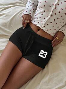 Comfortcana Women's Letter Print Drawstring Waist Casual Versatile Daily Wear Shorts - Black - View 6