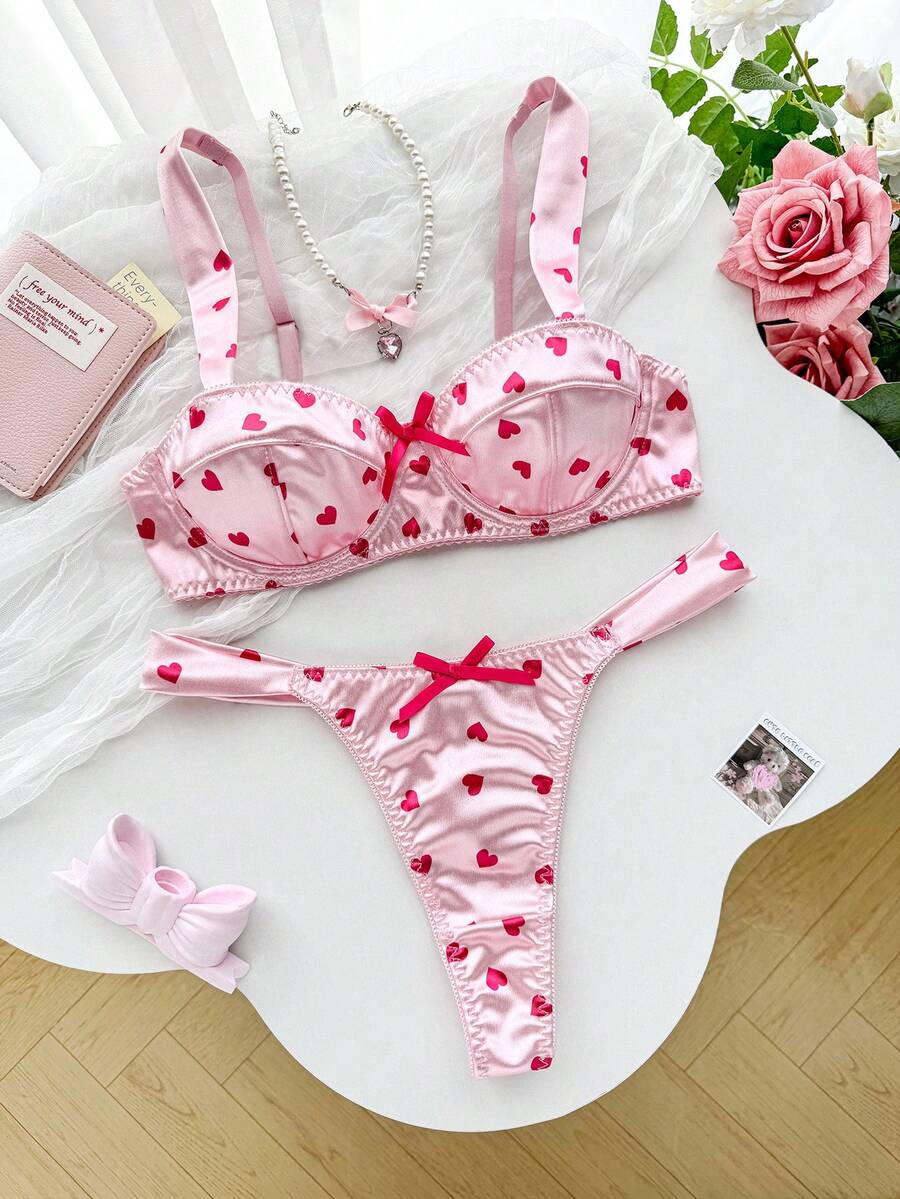 PetitDoll Valentine's Day High Elasticity Polka Dot Heart Pattern Underwire Bra Set, 2pcs - Pink - View 1