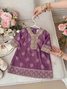 SHEIN 1-Pack Newborn Cute And Versatile Long-Sleeved Dress With Full Floral Print, Decoration, Suitable For Girls' Daily Wear, Festivals, Family Gatherings And Special Occasions, Birthday Parties, Evening Parties, Performances, Weddings, Baptisms, Opening Ceremonies, Indoors, Outdoors, Sports, Playing, Parties, Photo Shoots, Vacations, Suitable For Spring, Autumn And Winter Seasons - Multicolor - View 2