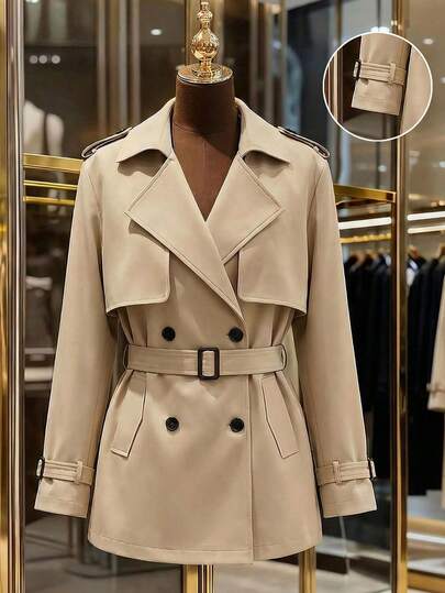 SHEIN Franclia Women's Elegant Collar Belt Double-Breasted Design Trench Coat, Suitable For Spring And Autumn Outings And Dates