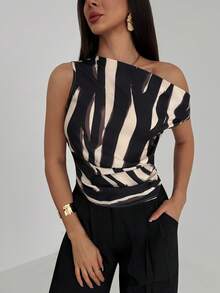 Aloruh Minimalist Commute Office Outfit Brown Brushstroke Print Asymmetric Loose Top Tight Bottom Women Shirt - Multicolor - View 6