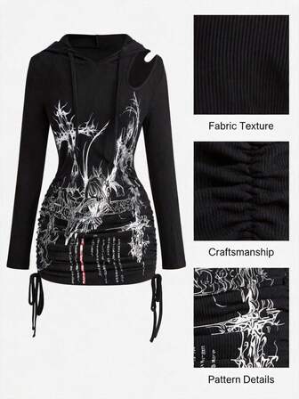 Grunge Punk Abito da donna con cappuccio, asimmetrico, con taglio, coulisse e arricciature, in stile punk