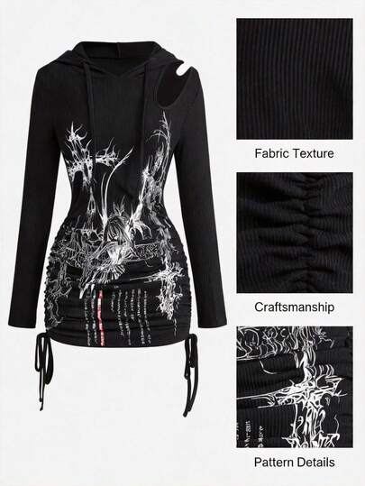 Grunge Punk Vestido con capucha asimétrico con recortes, cordón y drapeado de estilo punk para mujer