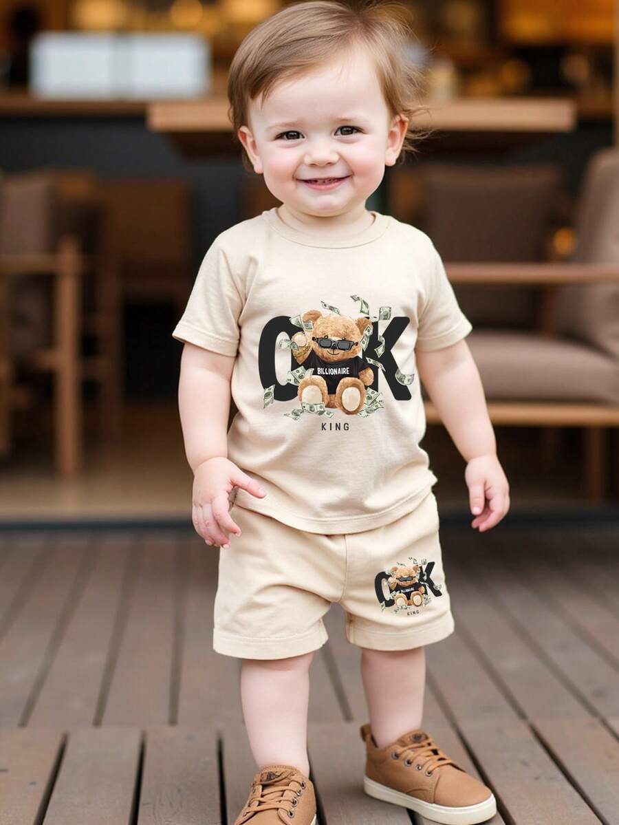 Bộ 2 món cho bé trai, áo thun in hình gấu và quần short tối giản, thích hợp cho các hoạt động ngoài trời mùa hè. - Màu be - Xem 1