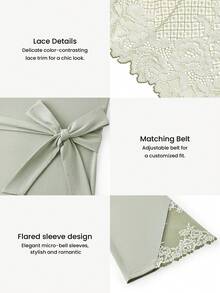 LUVLETTE Plus Women Soft 100% Pure Cotton Luxurious Lace Trim Tie-Front Airy Loungewear Pajama Robe Lingerie - Green - View 6