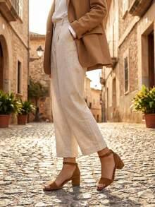 Sandalias De Tacón Grueso Simple Y Elegante Para Mujeres Con Correa De Tobillo - Gamuza café - Ver 3