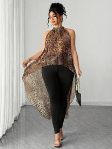 Elenzga Bộ đồ 2 mảnh dành cho nữ cỡ lớn, chất liệu chiffon, kiểu cổ yếm, thiết kế ngắn phía trước và dài phía sau, gồm áo và quần legging, thích hợp cho lễ tốt nghiệp, các ngày lễ, Ngày Valentine, lễ hội âm nhạc, Ngày của Mẹ, Halloween, Lễ Tạ ơn, Lễ Phục sinh, Ngày Quốc khánh, dạ hội, hẹn hò, tiệc tùng, đám cưới, dã ngoại và nhiều dịp khác. - màu nâu - Xem 2