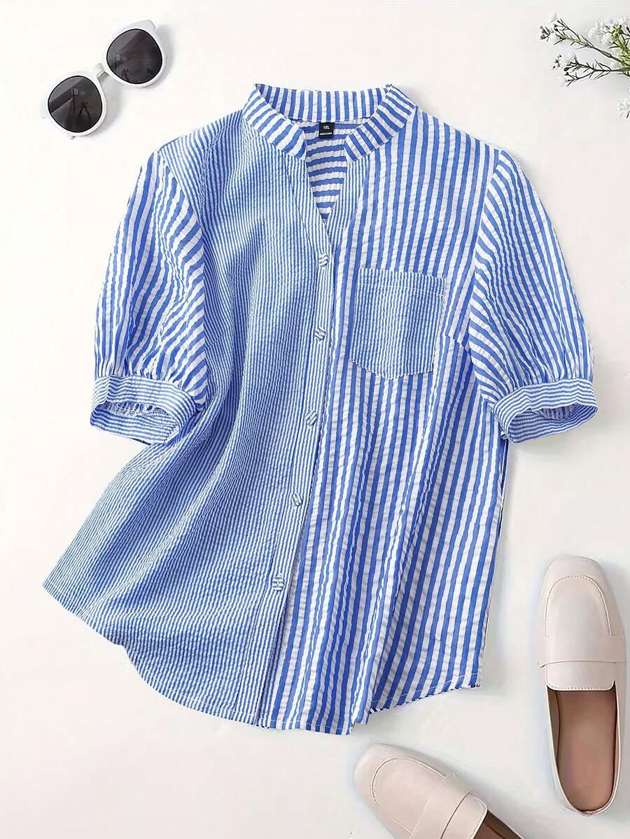 Linhara Áo sơ mi nữ cỡ lớn phối màu sọc, kiểu dáng patchwork, cài cúc toàn thân, có túi phía trước, tay ngắn, phong cách thường ngày. - Màu xanh lam - Xem 1