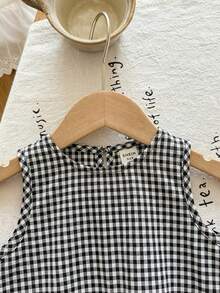 SHEIN LMoss Kids Babygirl Summer Cute Pink & White Plaid Ruffle Trim Sleeveless Top And Elastic Waist Loose Pants Set - Black - View 4